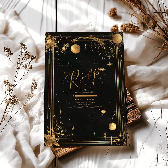 Celestial Midnight Black Stars Moon Wedding RSVP Card (Creator Uploaded)