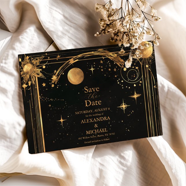 Celestial Midnight Black Stars Moon Wedding Save The Date (Creator Uploaded)