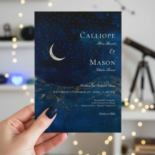 Celestial Midnight Blue Crescent Moon Wedding Invitation
