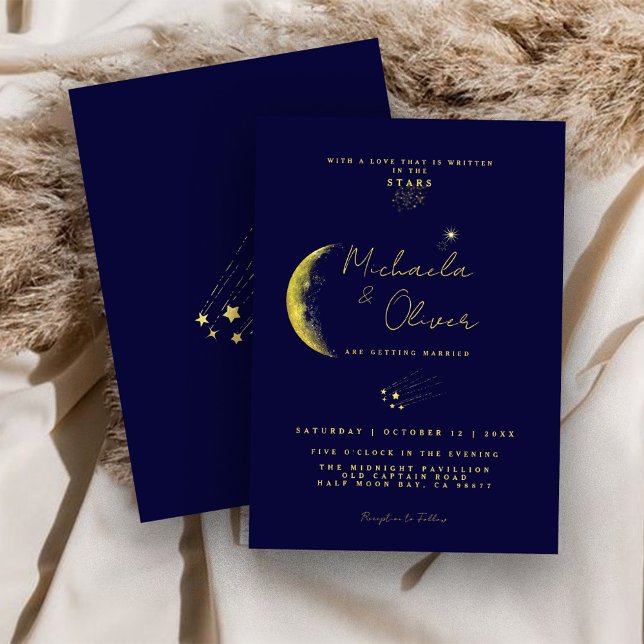 Celestial Midnight Blue Gold Crescent Moon Wedding Invitation (Creator Uploaded)