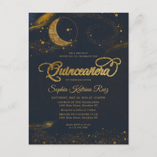 Celestial Midnight Blue Gold Star Moon Quinceanera Postcard (Front)