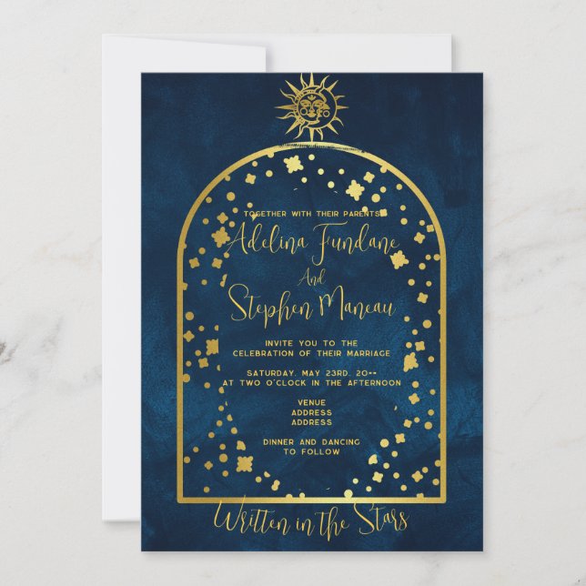 Celestial Midnight Blue Gold Star Moon Sun Wedding Invitation (Front)