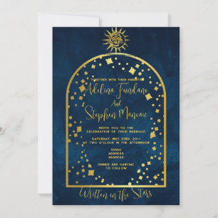 Celestial Midnight Blue Gold Star Moon Sun Wedding Invitation
