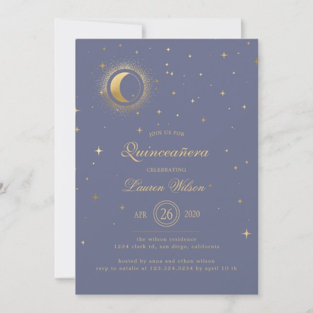 celestial midnight blue gold stars Quinceanera Inv Invitation (Front)