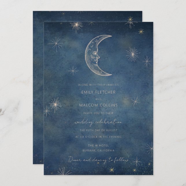 Celestial Midnight Blue Moon Stars Wedding Invitation (Front/Back)