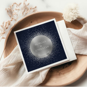 Celestial Midnight Blue Silver Moon Wedding Napkin