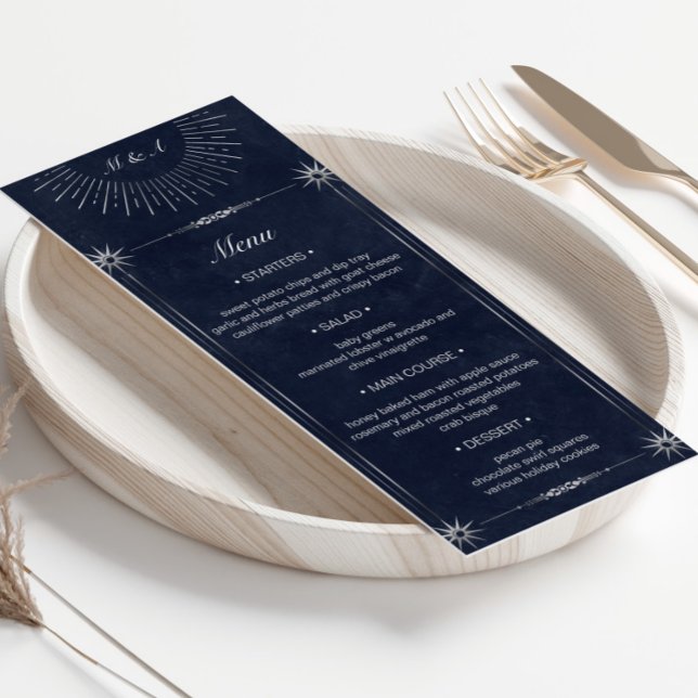 Celestial Midnight Blue Silver Wedding Dinner Menu Invitation (Creator Uploaded)