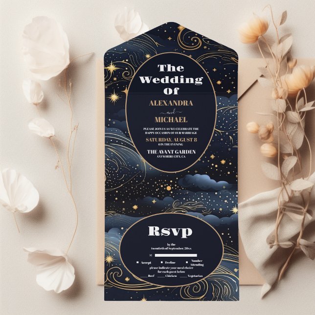 Celestial Midnight Blue Stars Moon Wedding All In One Invitation (Creator Uploaded)