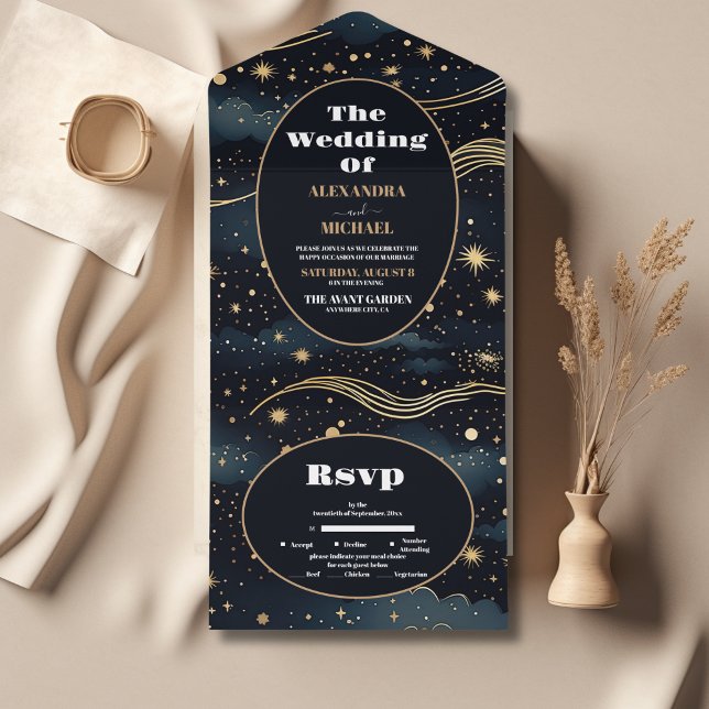 Celestial Midnight Blue Stars Moon Wedding All In One Invitation (Creator Uploaded)