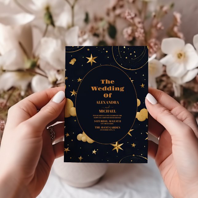 Celestial Midnight Blue Stars Moon Wedding Invitation (Creator Uploaded)