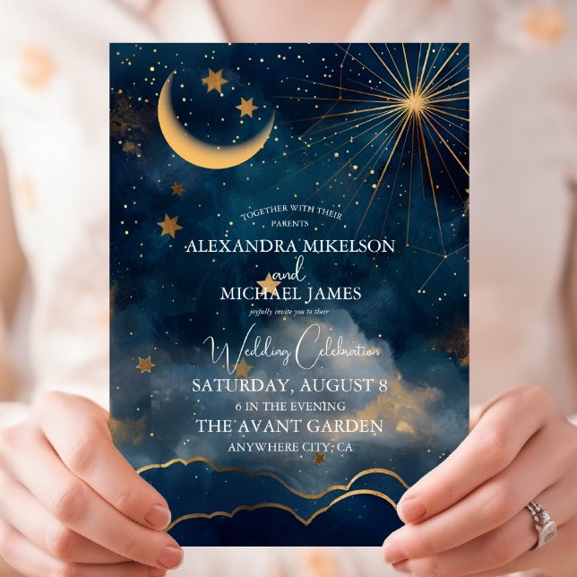 Celestial Midnight Blue Stars Moon Wedding Invitation (Creator Uploaded)