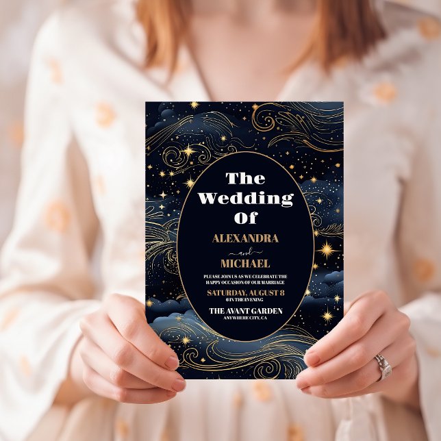 Celestial Midnight Blue Stars Moon Wedding Invitation (Creator Uploaded)