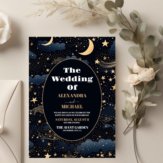 Celestial Midnight Blue Stars Moon Wedding Invitation (Creator Uploaded)