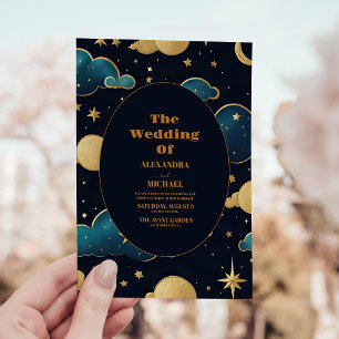 Celestial Midnight Blue Stars Moon Wedding Invitation