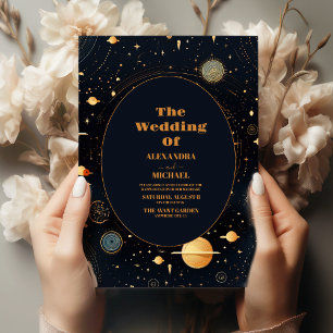 Celestial Midnight Blue Stars Moon Wedding Invitation