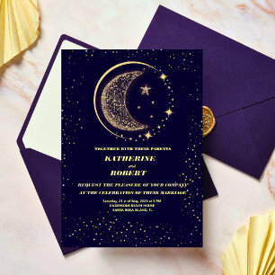 celestial midnight blue stars moon Wedding Invitation