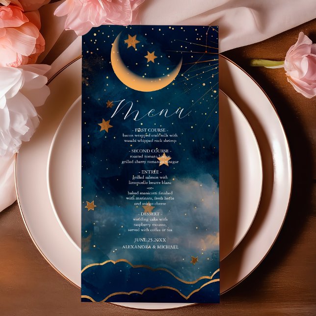 Celestial Midnight Blue Stars Moon Wedding Menu (Creator Uploaded)