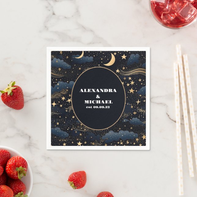 Celestial Midnight Blue Stars Moon Wedding Napkin (Insitu)