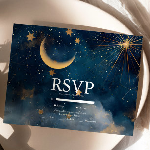 Celestial Midnight Blue Stars Moon Wedding RSVP Card