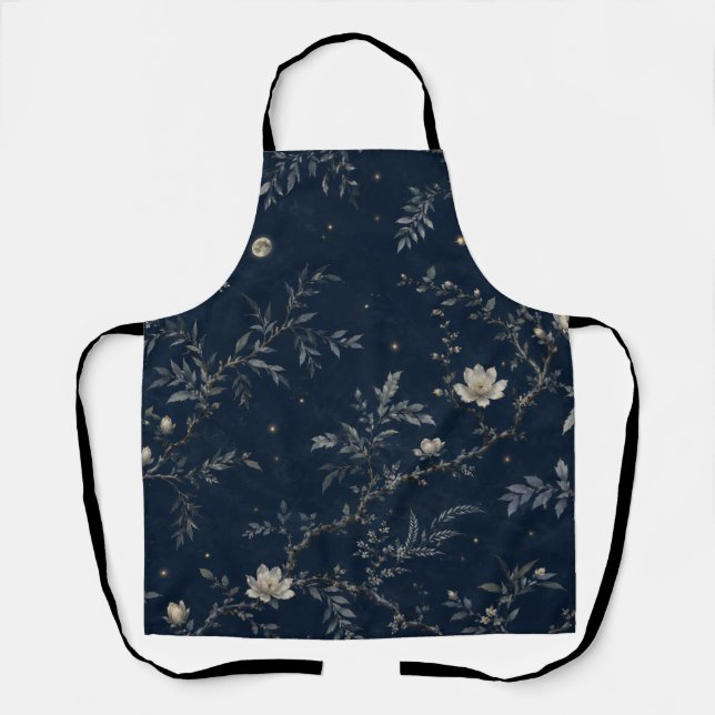 Celestial Midnight Garden Floral Navy Apron (Front)