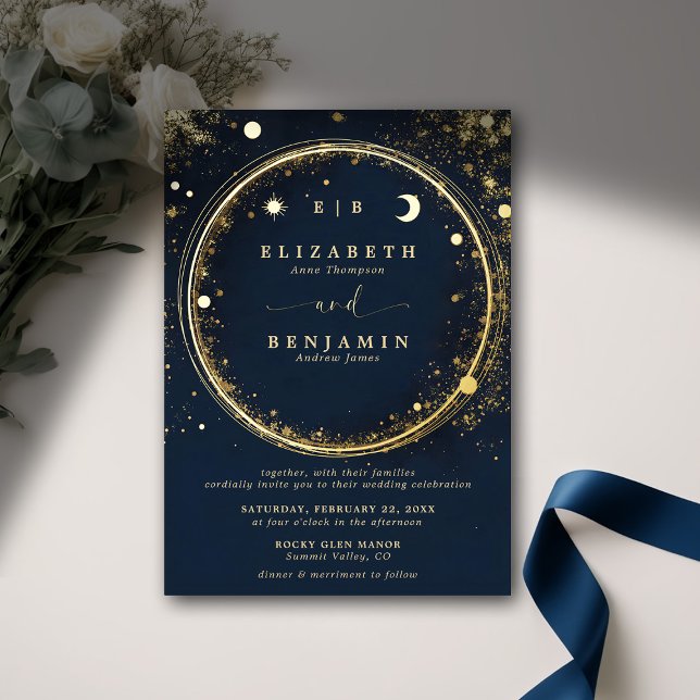 Celestial Midnight Gold Monograms Elegant Wedding (celestial wedding invitation modern classic elegant midnight blue gold dust monograms gold foil)