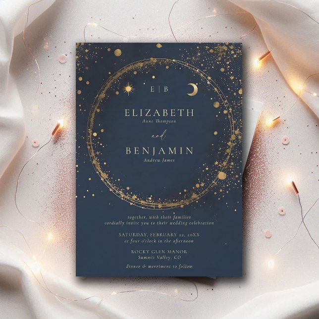 Celestial Midnight Gold Monograms Elegant Wedding Invitation (celestial wedding invitation modern classic elegant midnight blue gold dust monograms)