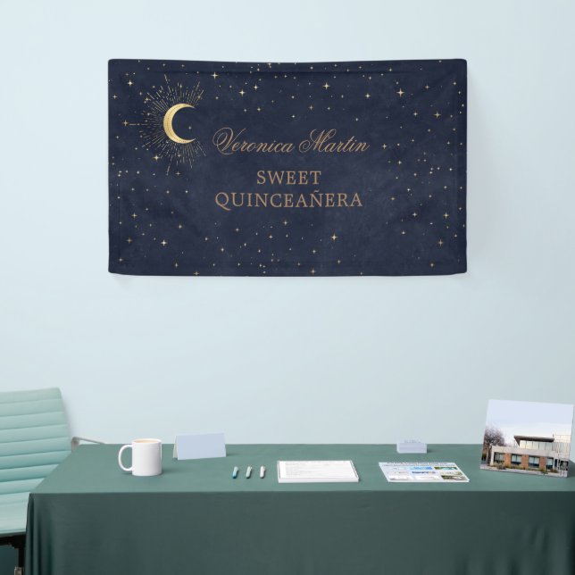 celestial midnight gold moon Quinceañera welcome Banner (Tradeshow)