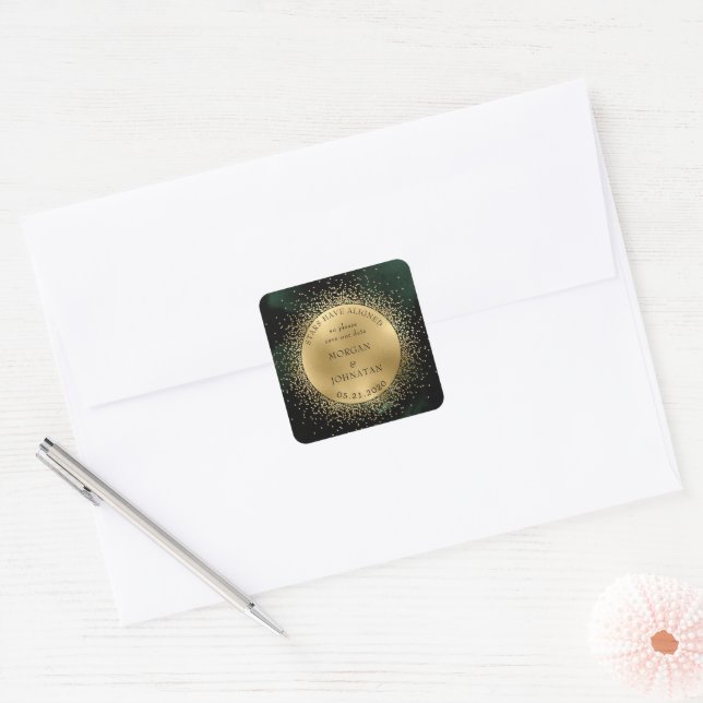 Celestial Midnight Gold Moon Save The Date Square Sticker (Envelope)