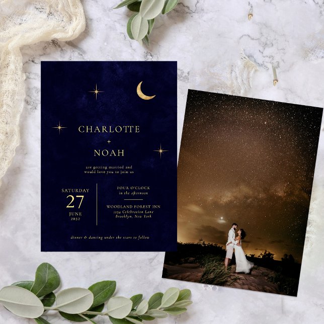 Celestial Midnight Gold Moon Stars Photo Wedding Invitation (Creator Uploaded)