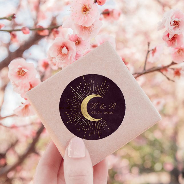 Celestial Midnight Gold Moon Wedding Classic Round Sticker (Creator Uploaded)