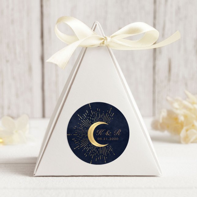 Celestial Midnight Gold Moon Wedding Classic Round Sticker (Creator Uploaded)