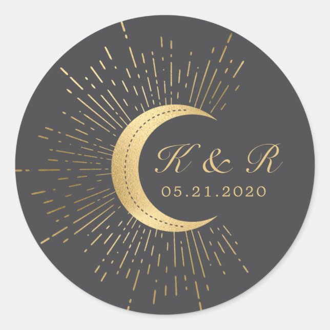 Celestial Midnight Gold Moon Wedding Classic Round Sticker (Front)