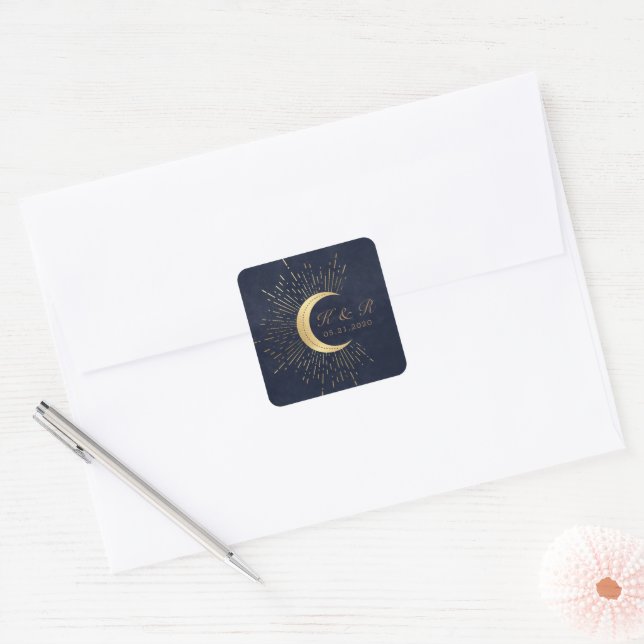 Celestial Midnight Gold Moon Wedding Square Sticker (Envelope)