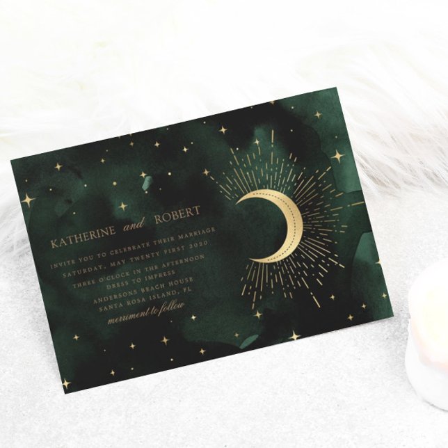 Celestial Midnight Green Gold Stars Wedding Invitation (Creator Uploaded)