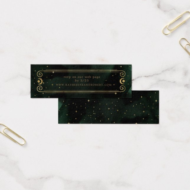 celestial midnight green gold Wedding Website Card (Office)