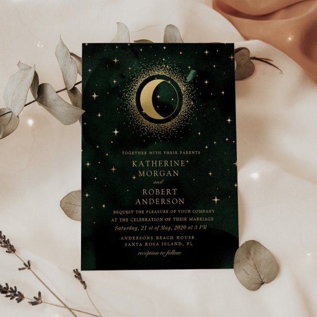 Celestial Midnight Green Stars Moon Wedding Invitation (Creator Uploaded)