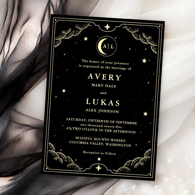 Celestial Midnight Sky Black Gold Wedding Invitation (Creator Uploaded)