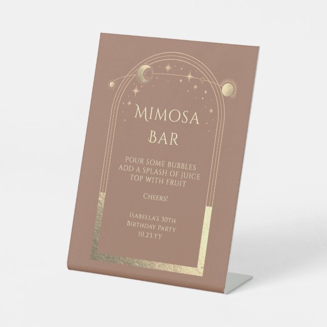 Celestial Mocha Gold Mimosa Bar Sun Moon Stars  Pedestal Sign (Front)