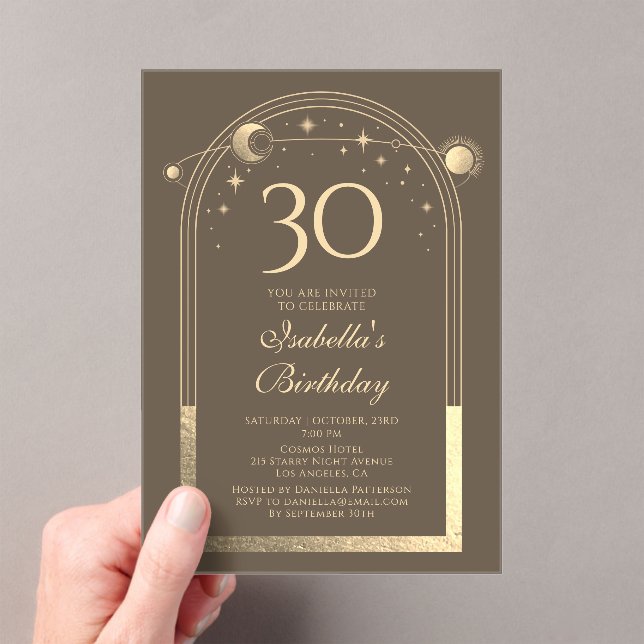 Celestial Mocha Gold Sun Moon Stars 30th Birthday Acrylic Invitations (Insitu (Handheld))