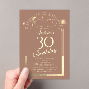 Celestial Mocha Gold Sun Moon Stars 30th Birthday Acrylic Invitations