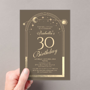 Celestial Mocha Gold Sun Moon Stars 30th Birthday Acrylic Invitations
