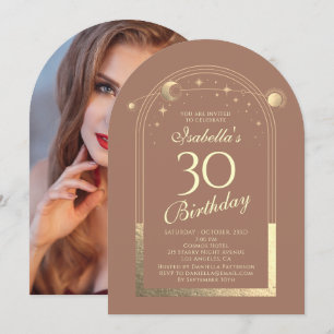 Celestial Mocha Gold Sun Moon Stars 30th Birthday Invitation