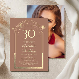 Celestial Mocha Gold Sun Moon Stars 30th Birthday Invitation