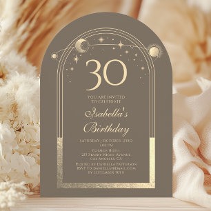 Celestial Mocha Gold Sun Moon Stars 30th Birthday Invitation