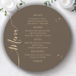 Celestial Mocha Gold Sun Moon Stars 30th Birthday Menu<br><div class="desc">Celestial Mocha Gold Sun Moon Stars 30th Birthday Menu Cards features a golden stars on a mocha background with your menu details in the centre in modern gold calligraphy script. Personalise by editing the text in the text boxes provided. Designed for you by Evco Studio www.zazzle.com/store/evcostudio</div>