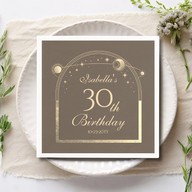 Celestial Mocha Gold Sun Moon Stars 30th Birthday Napkin (Creator Uploaded)