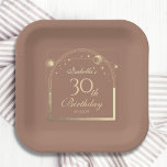 Celestial Mocha Gold Sun Moon Stars 30th Birthday Paper Plate<br><div class="desc">Celestial Mocha Mousse Gold Sun Moon Astronomy 30th Birthday Paper Plates features an elegant gold sun, moon and stars with a golden frame on a mocha mousse background. Inside is your custom thirtieth birthday information. Personalise by editing the text in the text boxes. Designed for you by Evco Studio www.zazzle.com/store/evcostudio...</div>