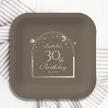 Celestial Mocha Gold Sun Moon Stars 30th Birthday Paper Plate<br><div class="desc">Celestial Mocha Gold Sun Moon Astronomy 30th Birthday Paper Plates features an elegant gold sun,  moon and stars with a golden frame on a mocha background. Inside is your custom thirtieth birthday information. Personalise by editing the text in the text boxes. Designed for you by Evco Studio www.zazzle.com/store/evcostudio</div>