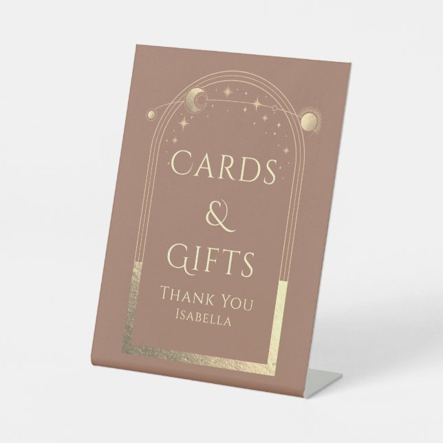 Celestial Mocha Gold Sun Moon Stars Cards & Gifts Pedestal Sign (Front)