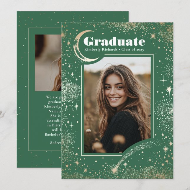 Celestial Modern Green Graduate Photo Graduation Announcement (Front/Back)